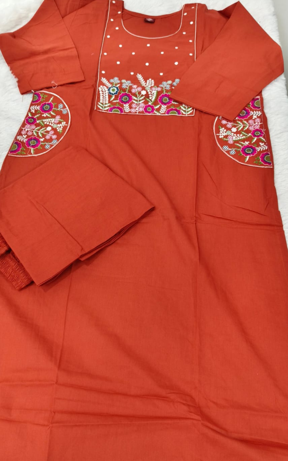 Premium Dhabu Cotton Floral Embroidered Kurti with Palazzo Co-ord Set – Rust Orange🌸