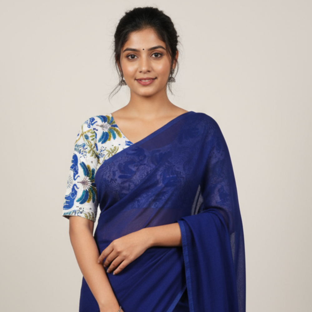 Royal Blue Premium Khadi Saree with Unstitched Kalamkari Blouse Combo