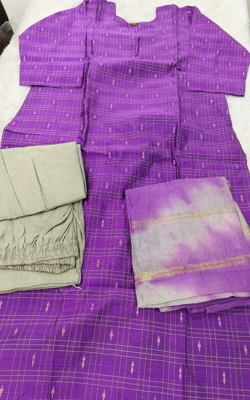 Violet Checked Raw Silk Kurti Set with Silk Pant & Zari Dupatta - 3 piece set