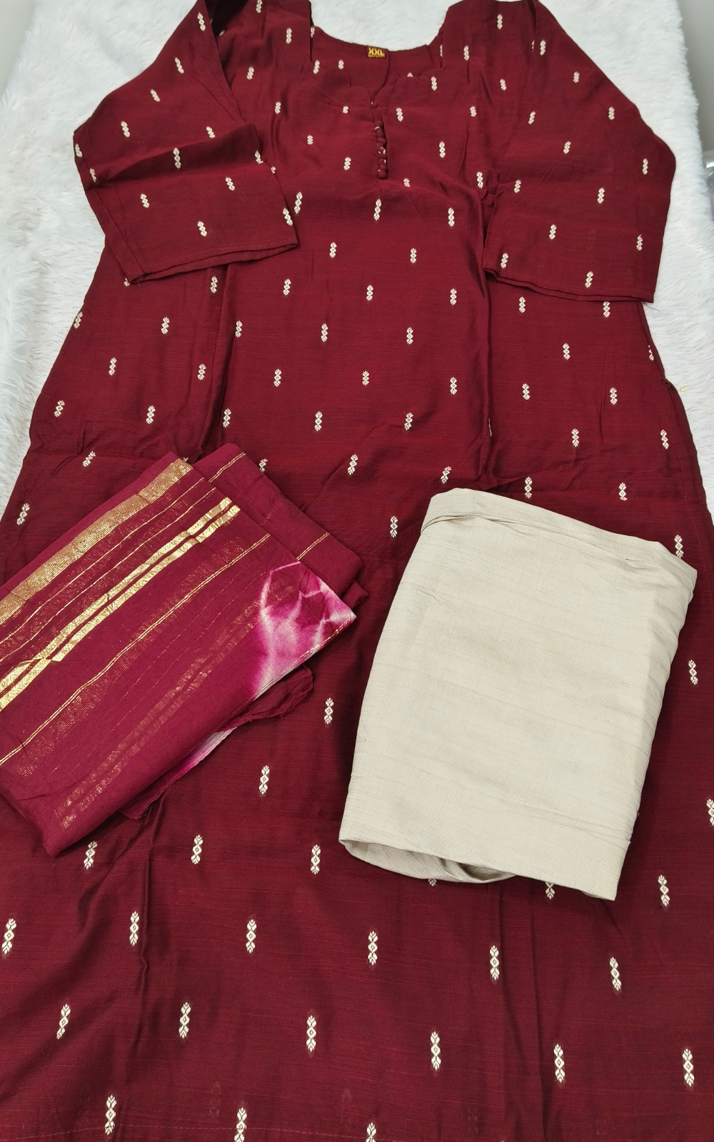 Maroon Raw Silk Kurti Set with Silk Pant & Zari Dupatta - 3 piece set