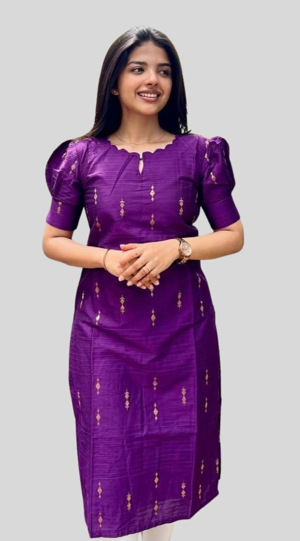 Purple Roman Silk Puff Sleeve Trendy Neck Lining Kurti – Elegant & Modern Charm