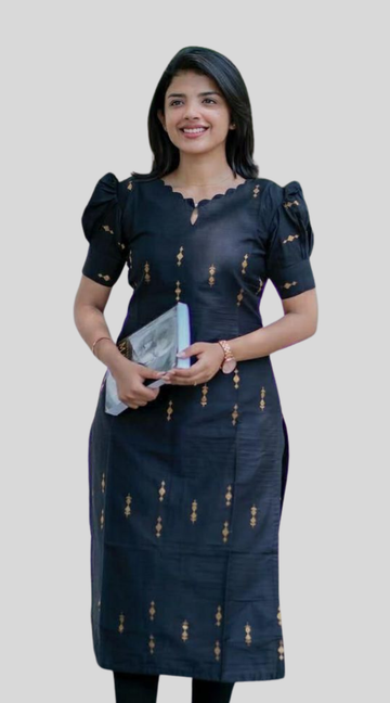 Black Roman Silk Puff Sleeve Trendy Neck Lining Kurti – Elegant & Modern Charm