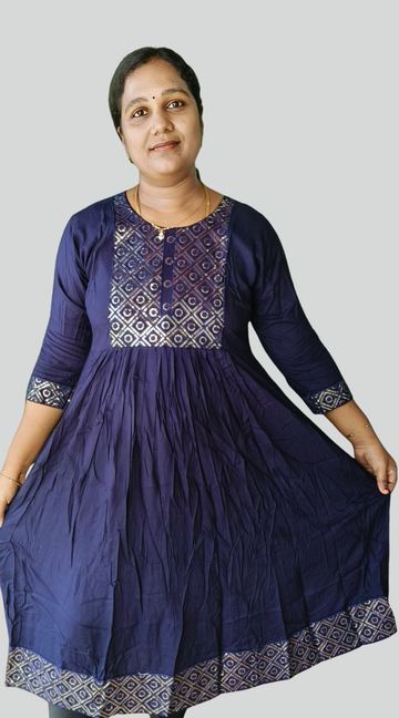 Navy Blue Rayon Umbrella Kurti with Sequence work Yoke