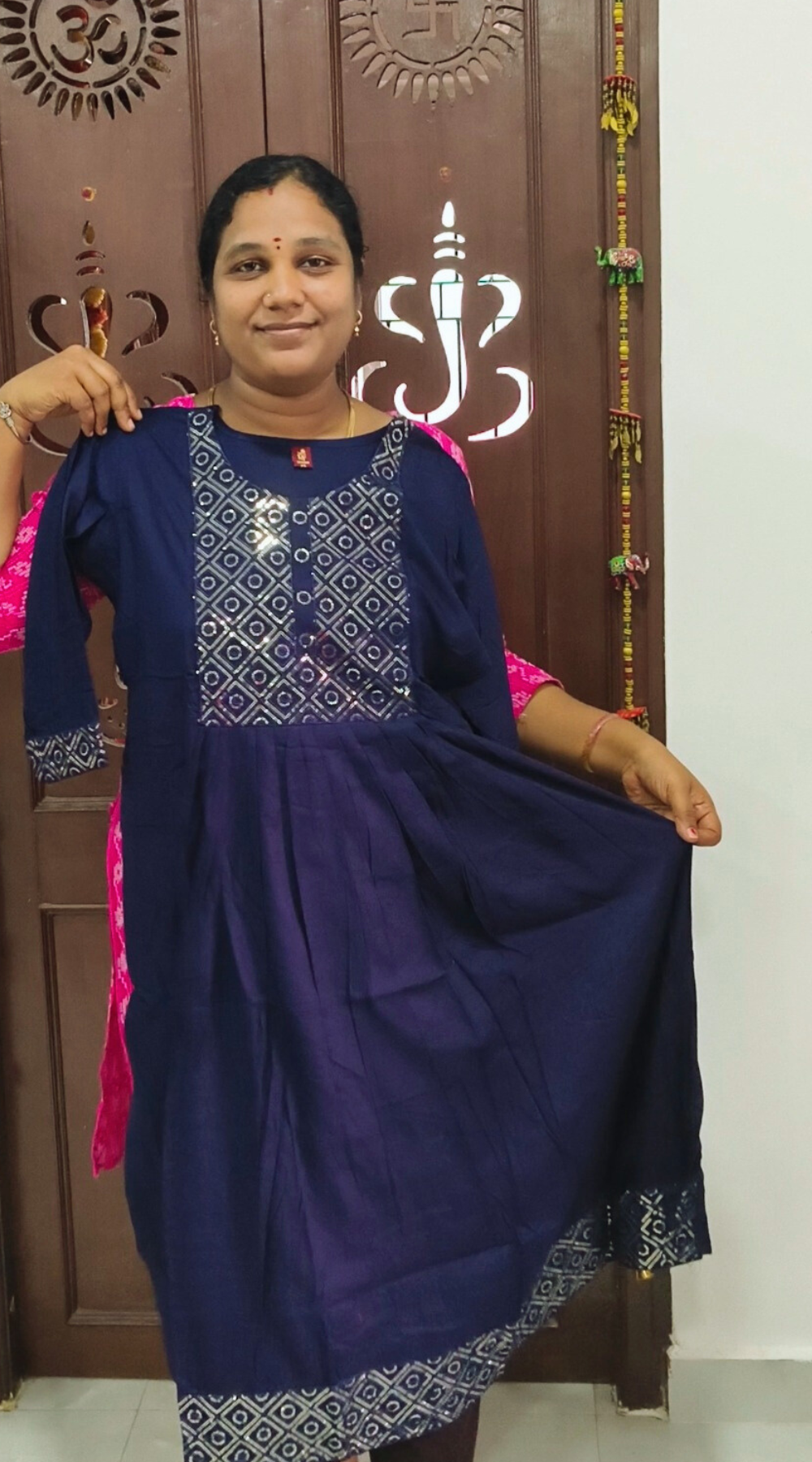 Navy Blue Rayon Umbrella Kurti with Sequence work Yoke