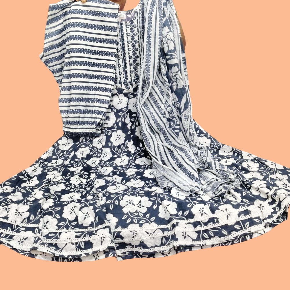 Blue shade Premium Cotton Floral Umbrella Kurti 3-Piece Set with Pant & Dupatta