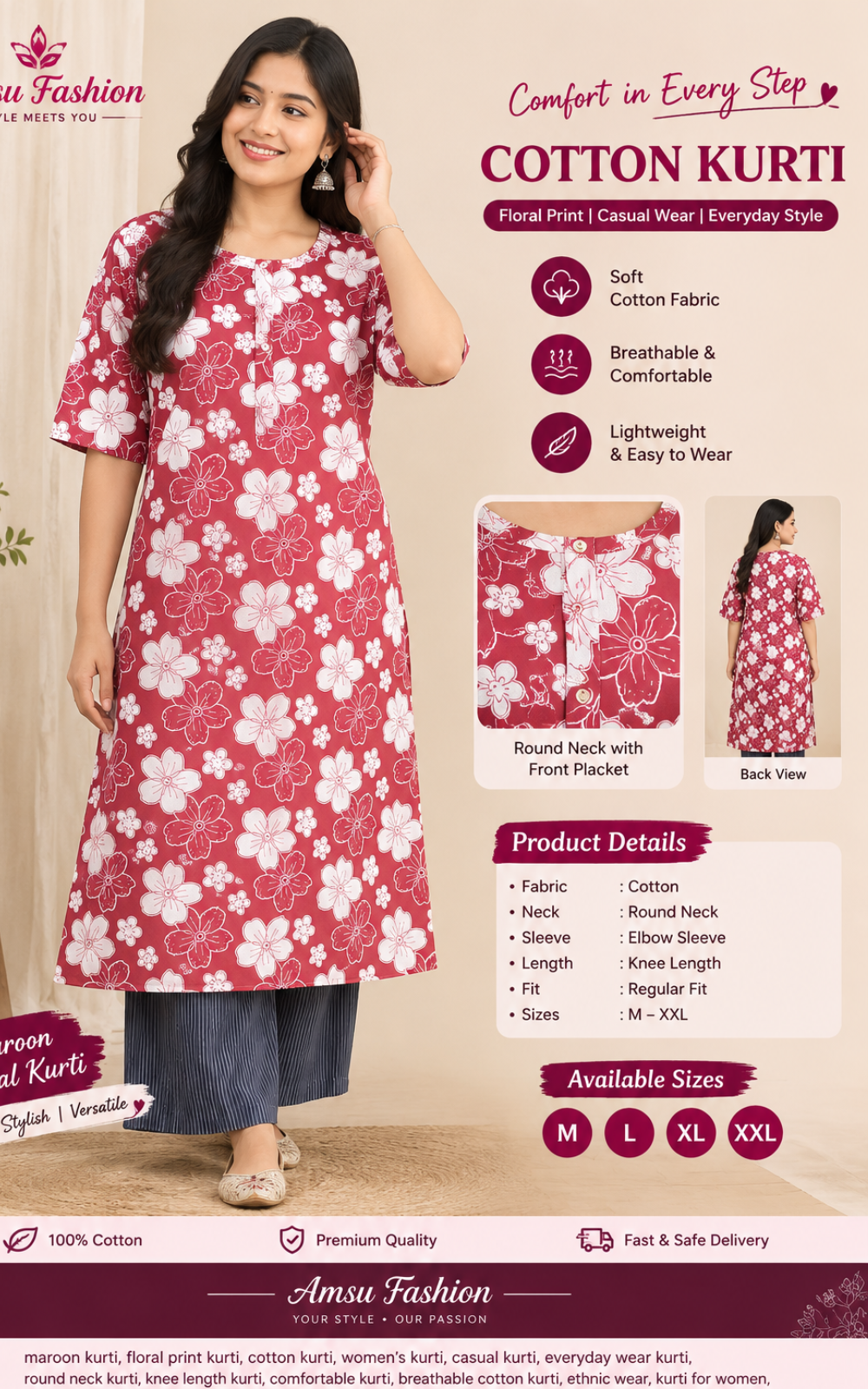 Floral Print Soft Cotton Kurti - M size | Comfortable Casual & Everyday Wear Kurti for Women