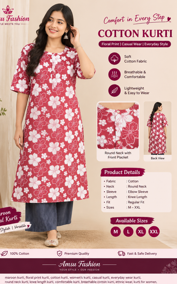 Floral Print Soft Cotton Kurti - M size | Comfortable Casual & Everyday Wear Kurti for Women