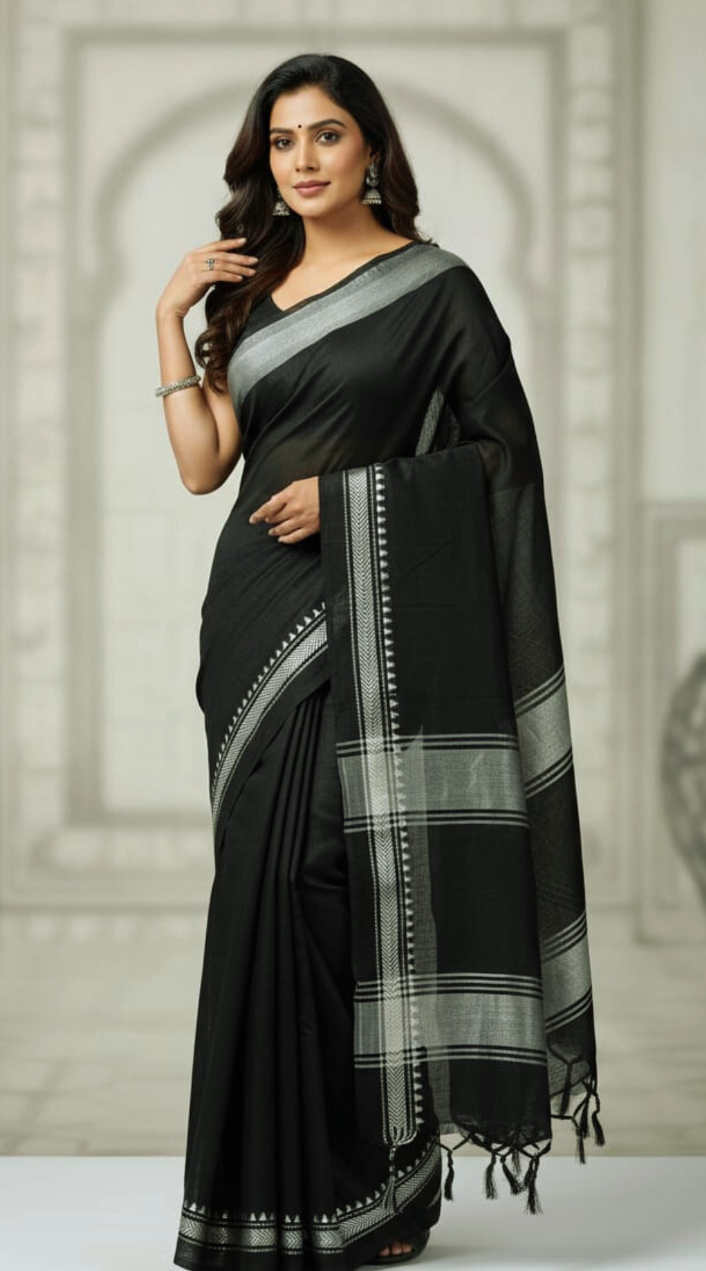 Elegant Black Narayanpet Cotton Saree with Silver Zari Border – Handwoven Traditional Saree