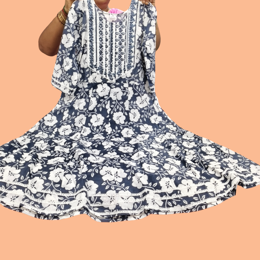Blue shade Premium Cotton Floral Umbrella Kurti 3-Piece Set with Pant & Dupatta