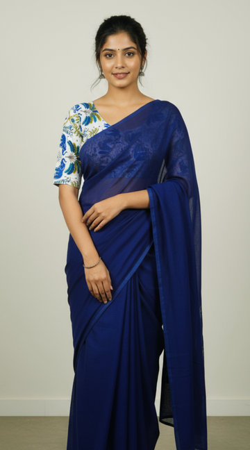 Royal Blue Premium Khadi Saree with Unstitched Kalamkari Blouse Combo