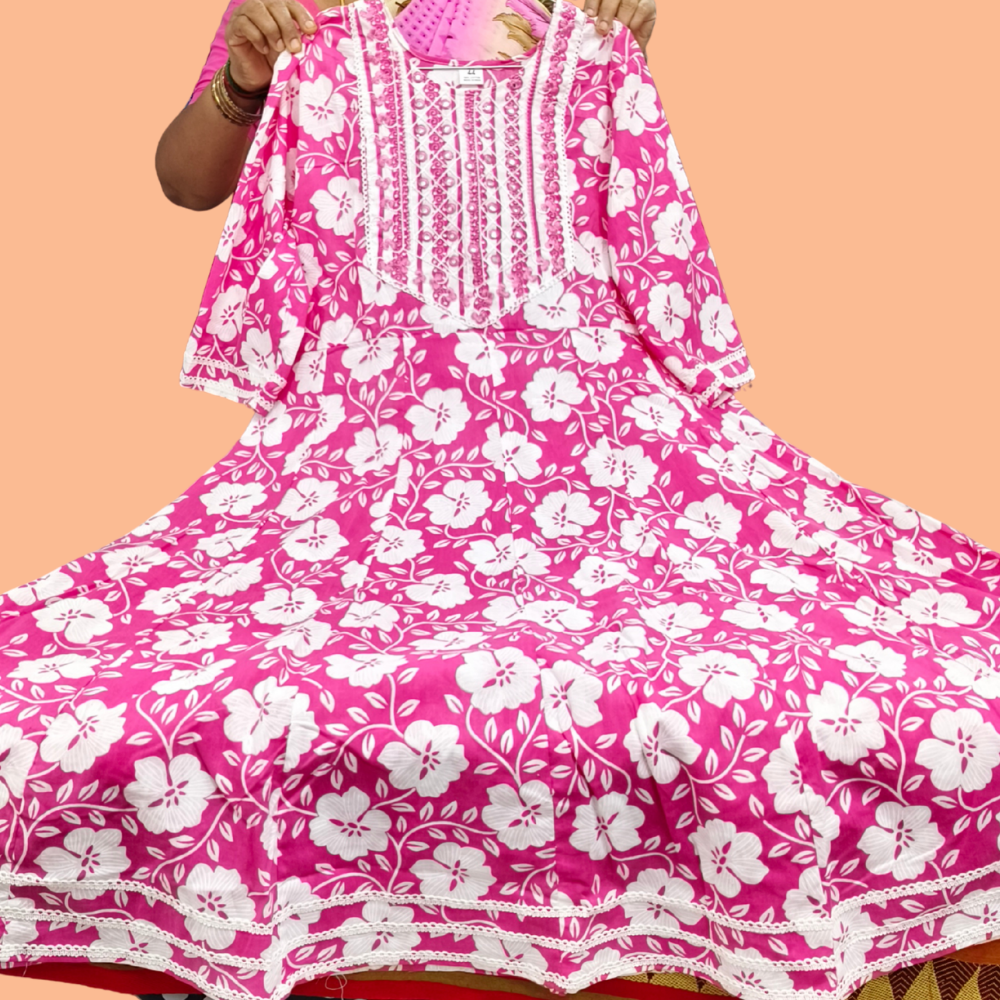 Pink Premium Cotton Floral Umbrella Kurti 3-Piece Set with Pant & Dupatta
