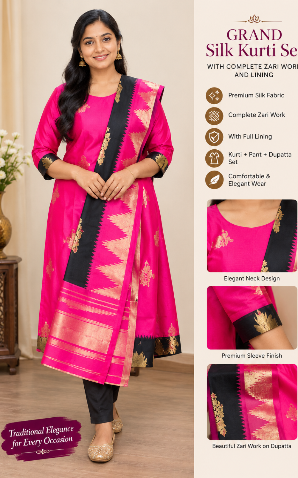 Dark Pink Grand Silk Kurti Set with Complete Zari Work & Full Lining | Kurti Pant Dupatta Set