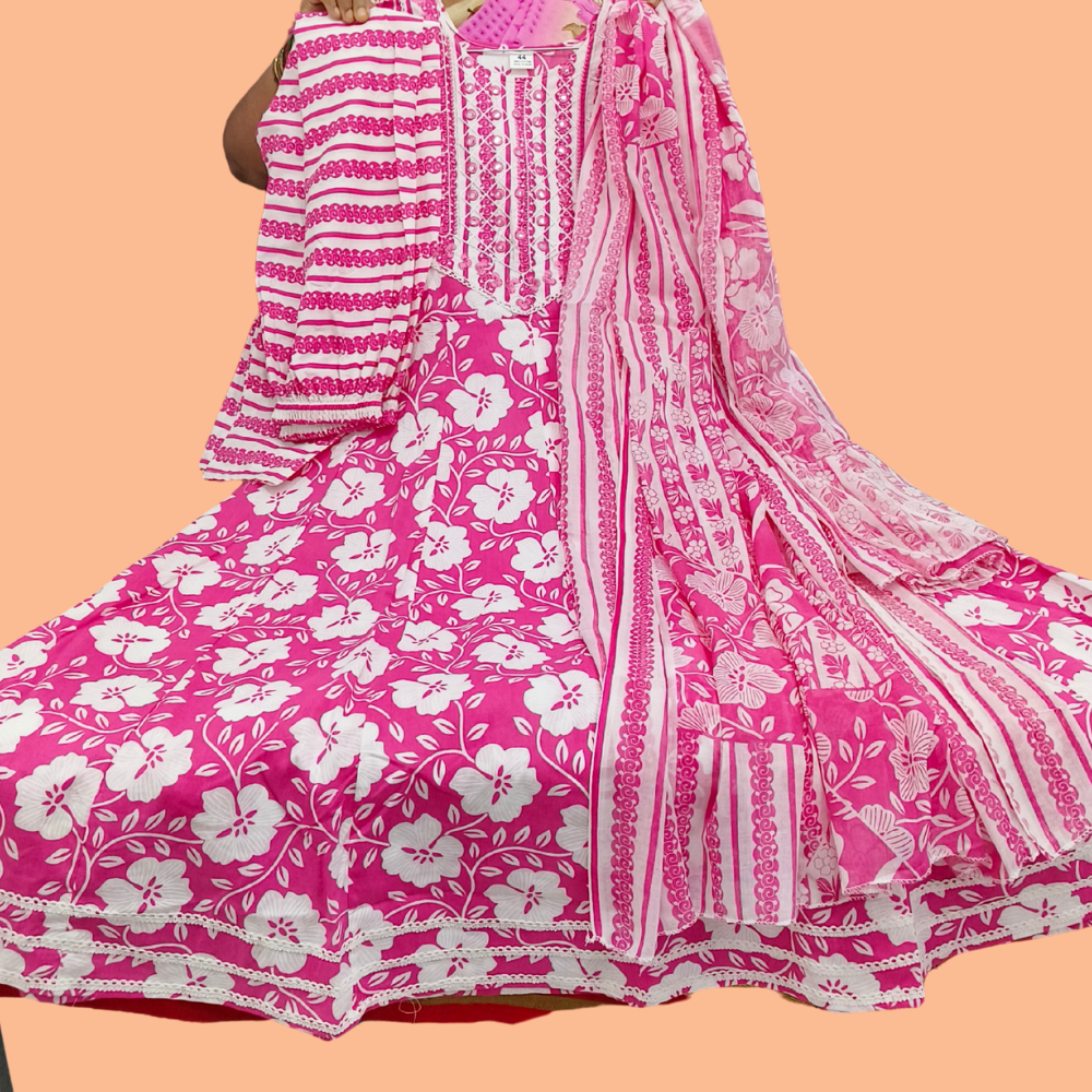 Pink Premium Cotton Floral Umbrella Kurti 3-Piece Set with Pant & Dupatta