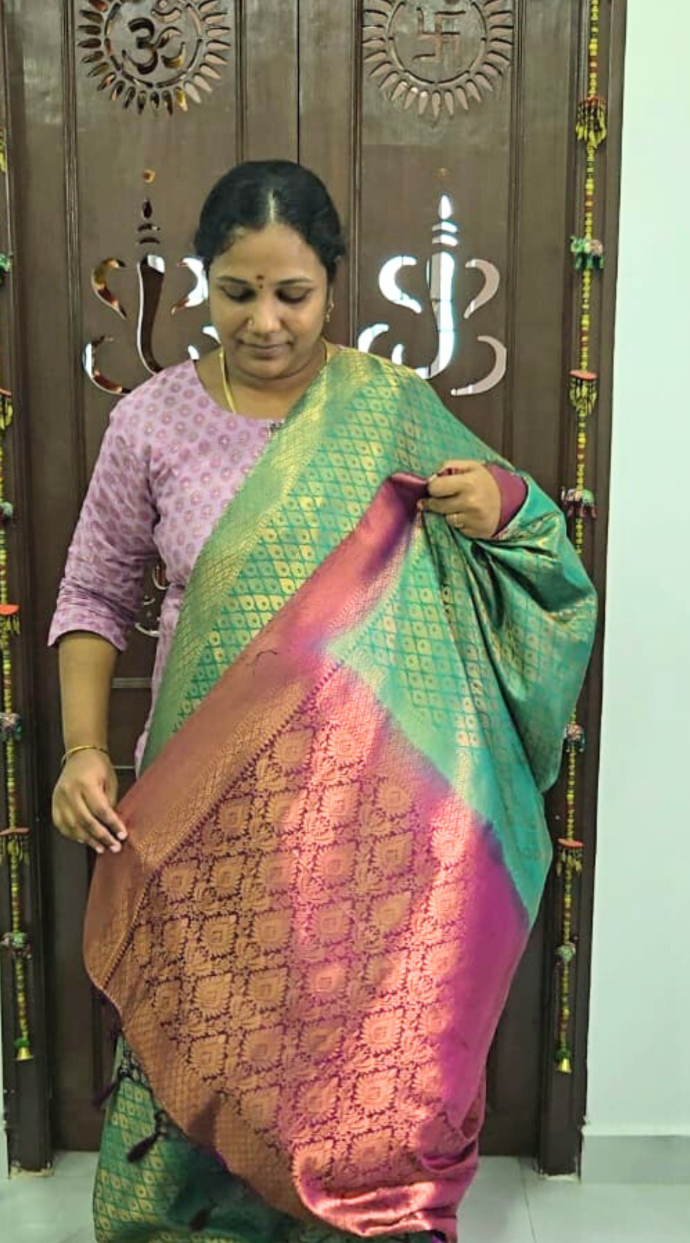 Sea Green and Pink Bridal Soft Silk Saree with Running Brocade Blouse