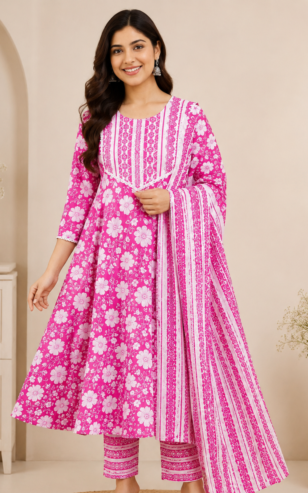 Pink Premium Cotton Floral Umbrella Kurti 3-Piece Set with Pant & Dupatta