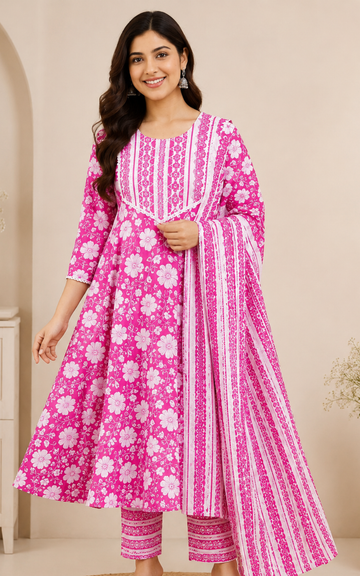 Pink Premium Cotton Floral Umbrella Kurti 3-Piece Set with Pant & Dupatta