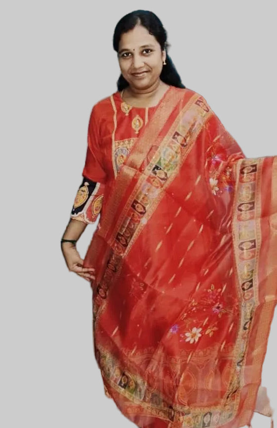 Rustic Orange Premium Chanderi Silk Mirror & Zari Work Kurti Set