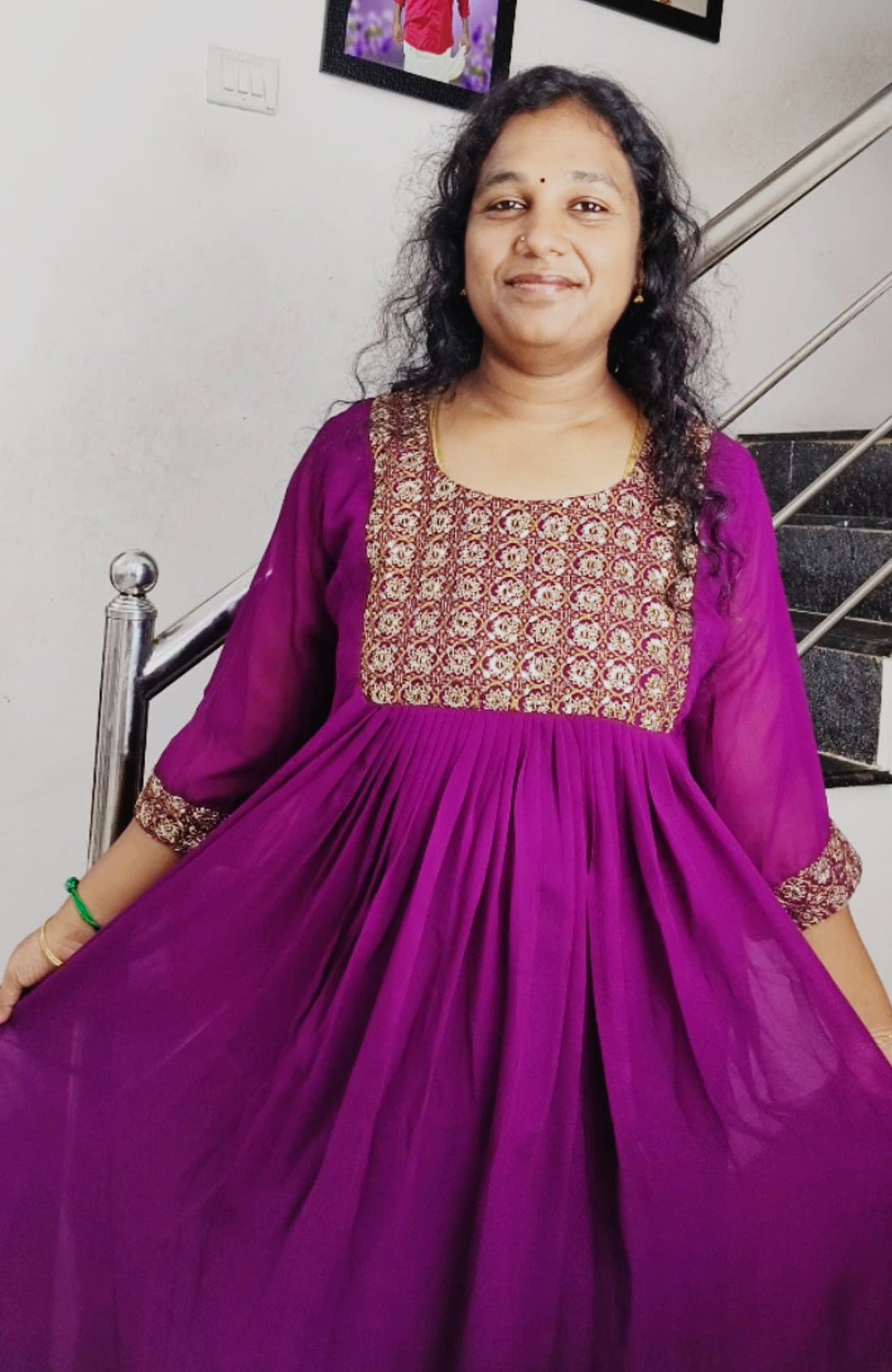 Purple Premium Georgette Pleated Maxi Dress with Heavy Handwork