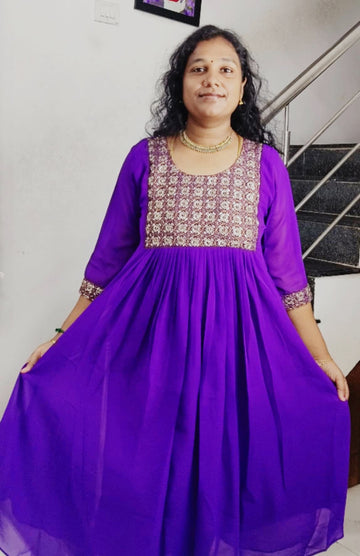 Violet Premium Georgette Pleated Maxi Dress with Heavy Handwork