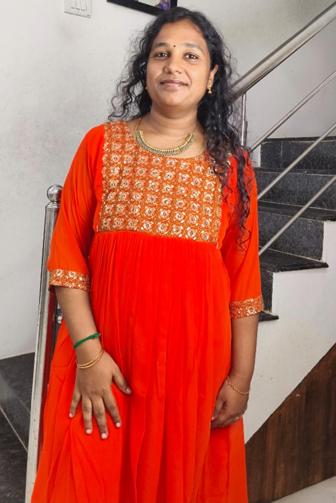 Orange premium Georgette Pleated Feeding Maxi Dress with Heavy Handwork –