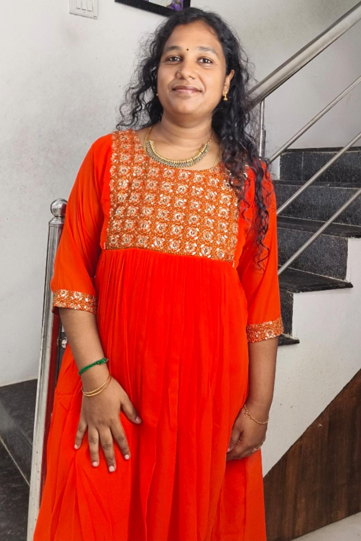 Orange premium Georgette Pleated Feeding Maxi Dress with Heavy Handwork –