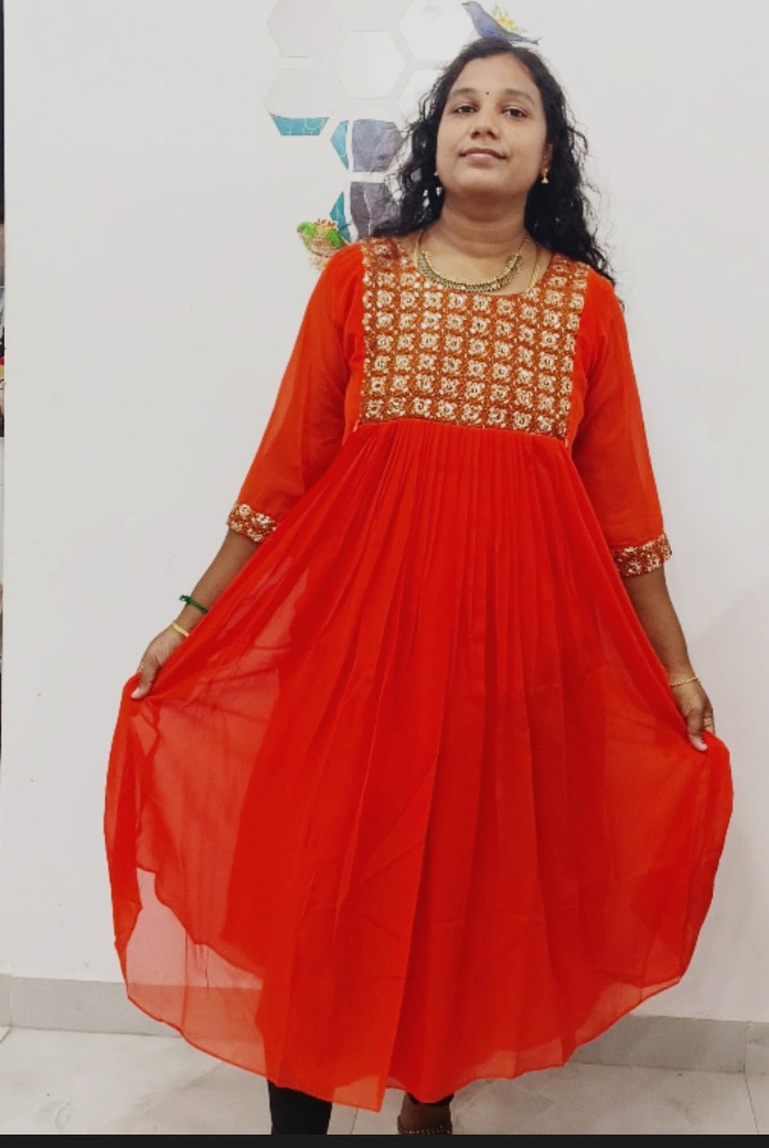 Orange premium Georgette Pleated Feeding Maxi Dress with Heavy Handwork –