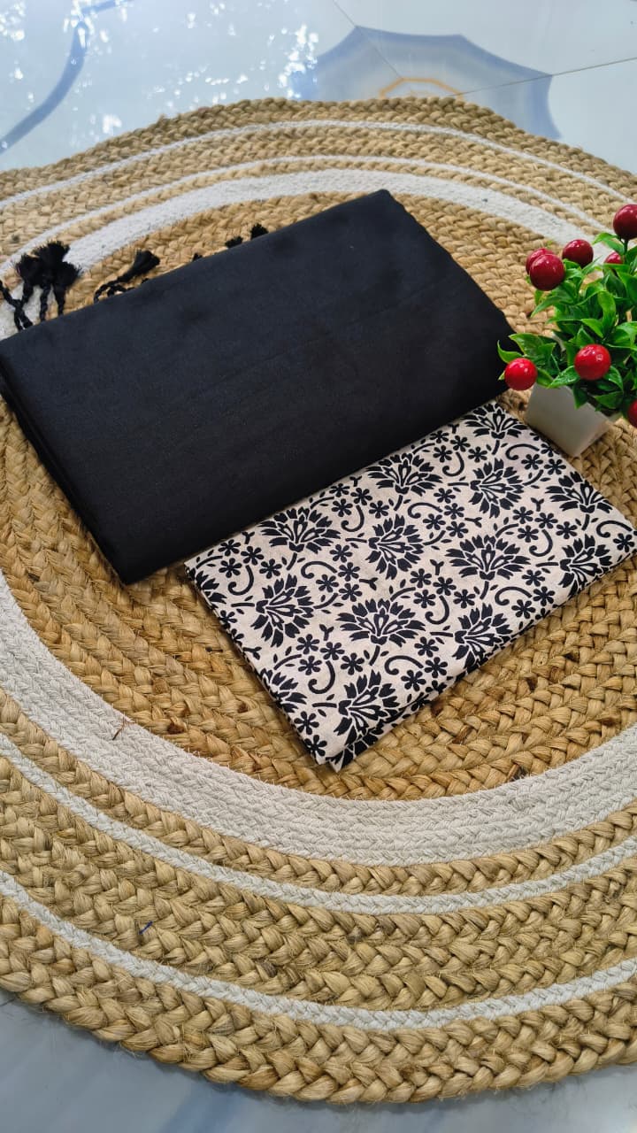 Black Premium Khadi Saree with Unstitched Kalamkari Blouse Combo