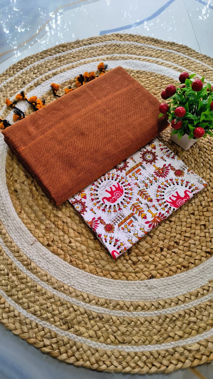 Brown Premium Khadi Saree with Unstitched Kalamkari Blouse Combo