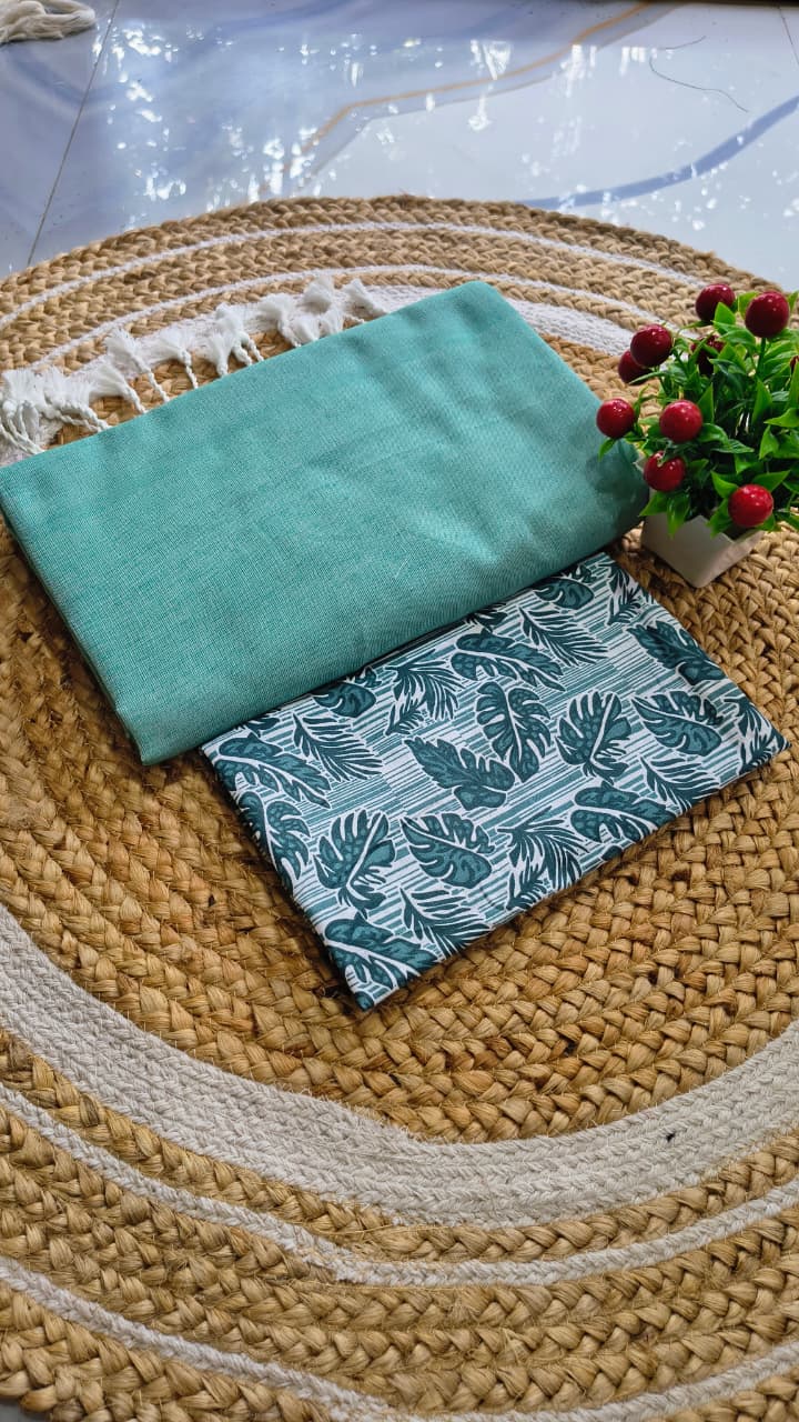 Pastel Green Premium Khadi Saree with Unstitched Kalamkari Blouse Combo