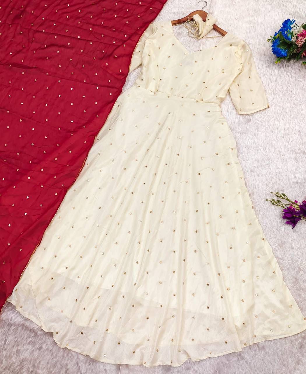 Premium Sandal Chinnon Embroidered Suit Set with Sparkling Georgette Dupatta – 4 Colours