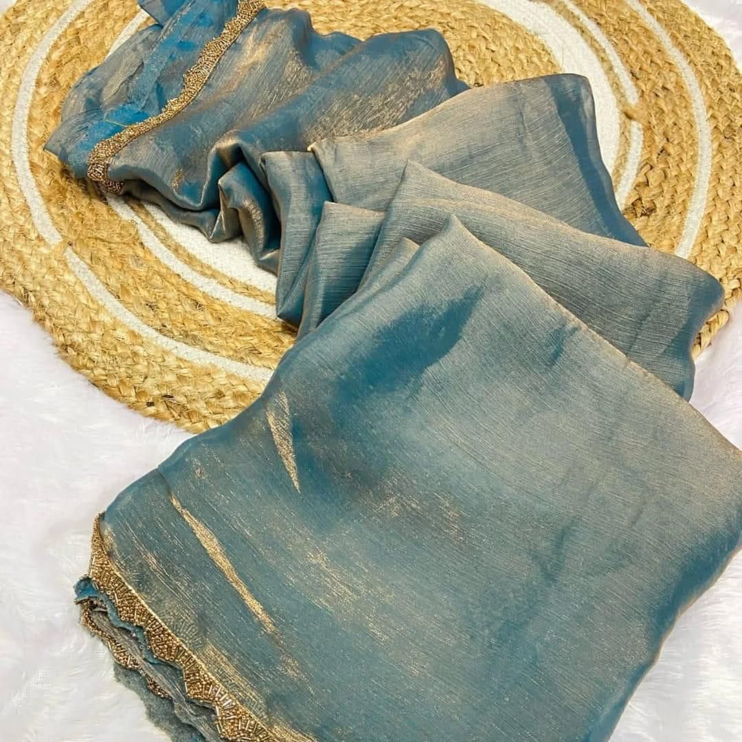 Fendy Space Silk Saree with Elegant Gold Shimmer Border with Running Blouse