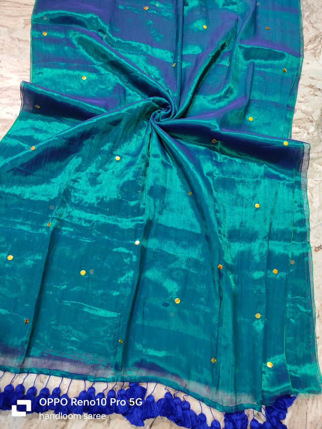 Peacock Colour Tissue Silk Saree with Gini Work & Tassel Pallu | Designer Festive Wear Saree with Running Blouse