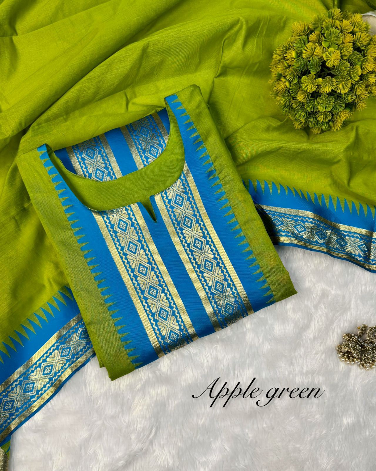 Parrot Green shade Pure Silk Cotton Kurti with Matching Dupatta