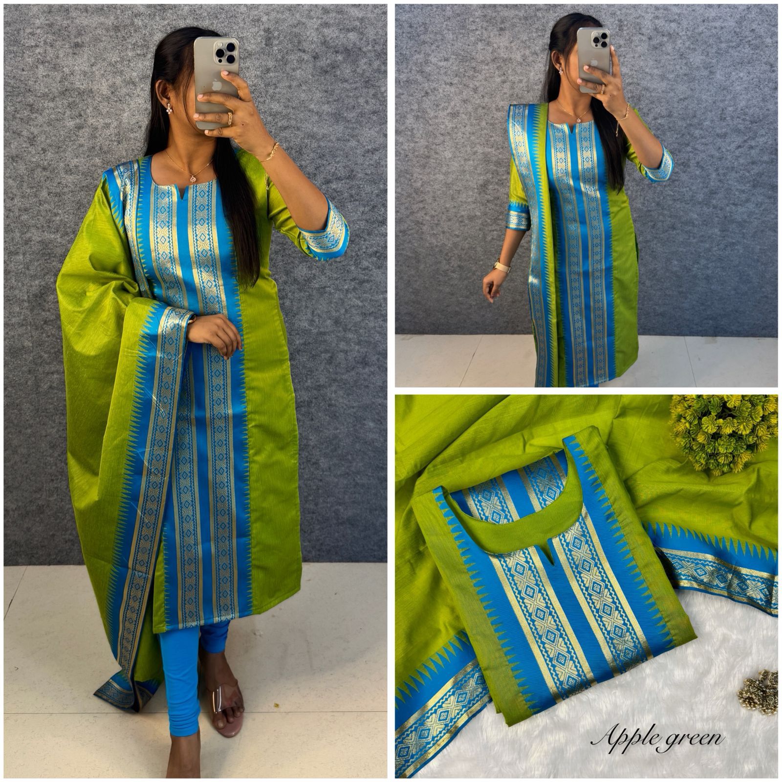 Parrot Green shade Pure Silk Cotton Kurti with Matching Dupatta