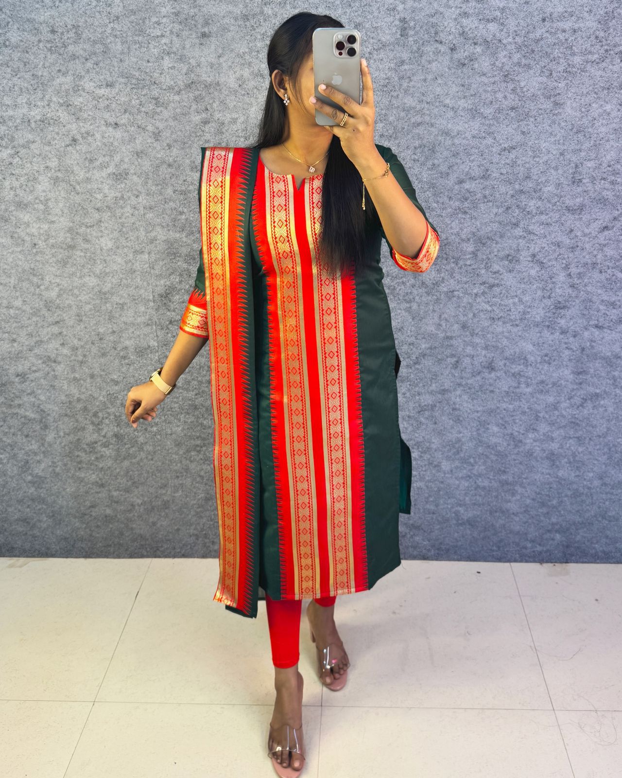 Green Pure Silk Cotton Kurti with Matching Dupatta