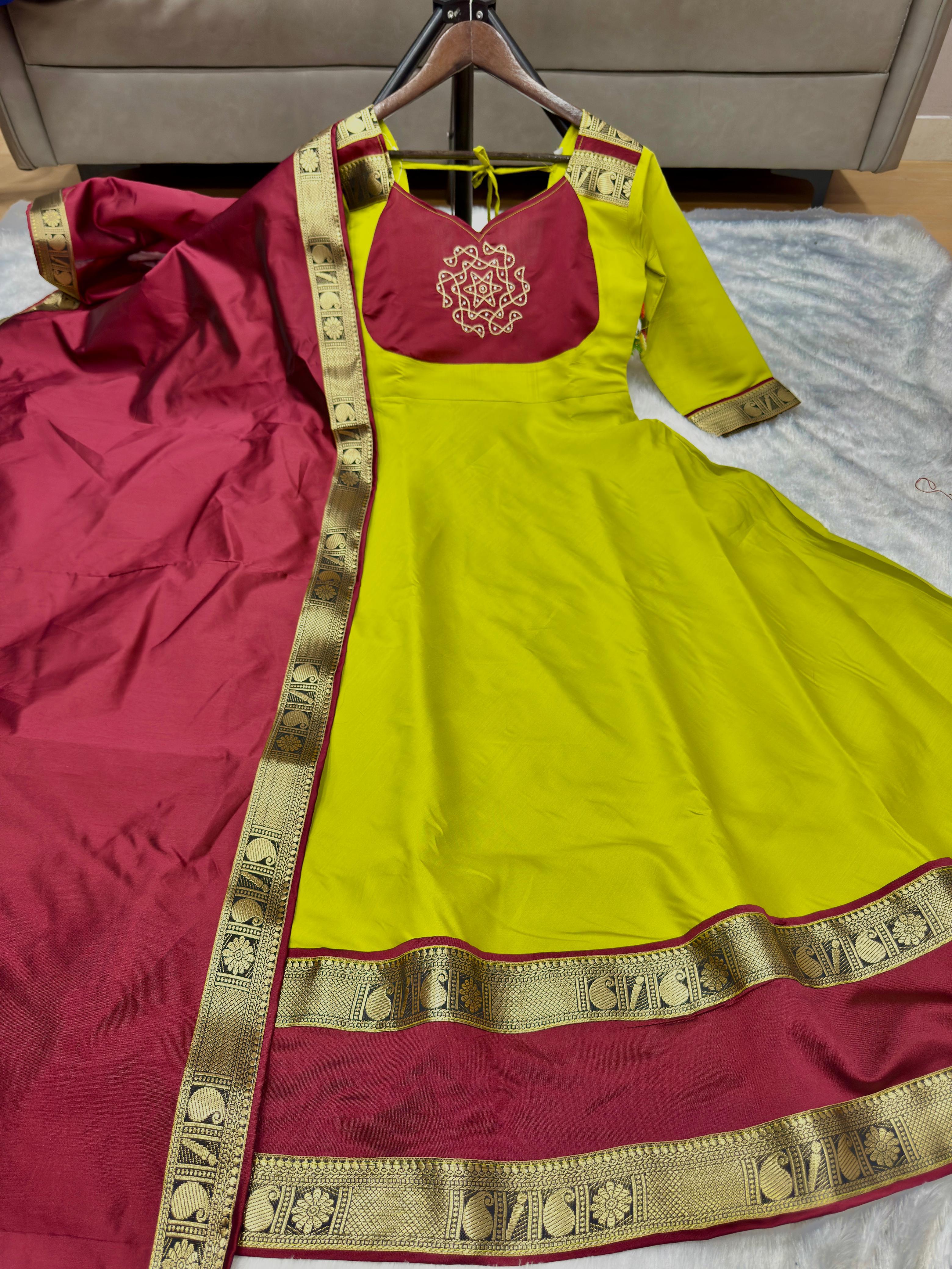 Pastel Green Designer Russian Silk Maxi Kurti with Dupatta Set