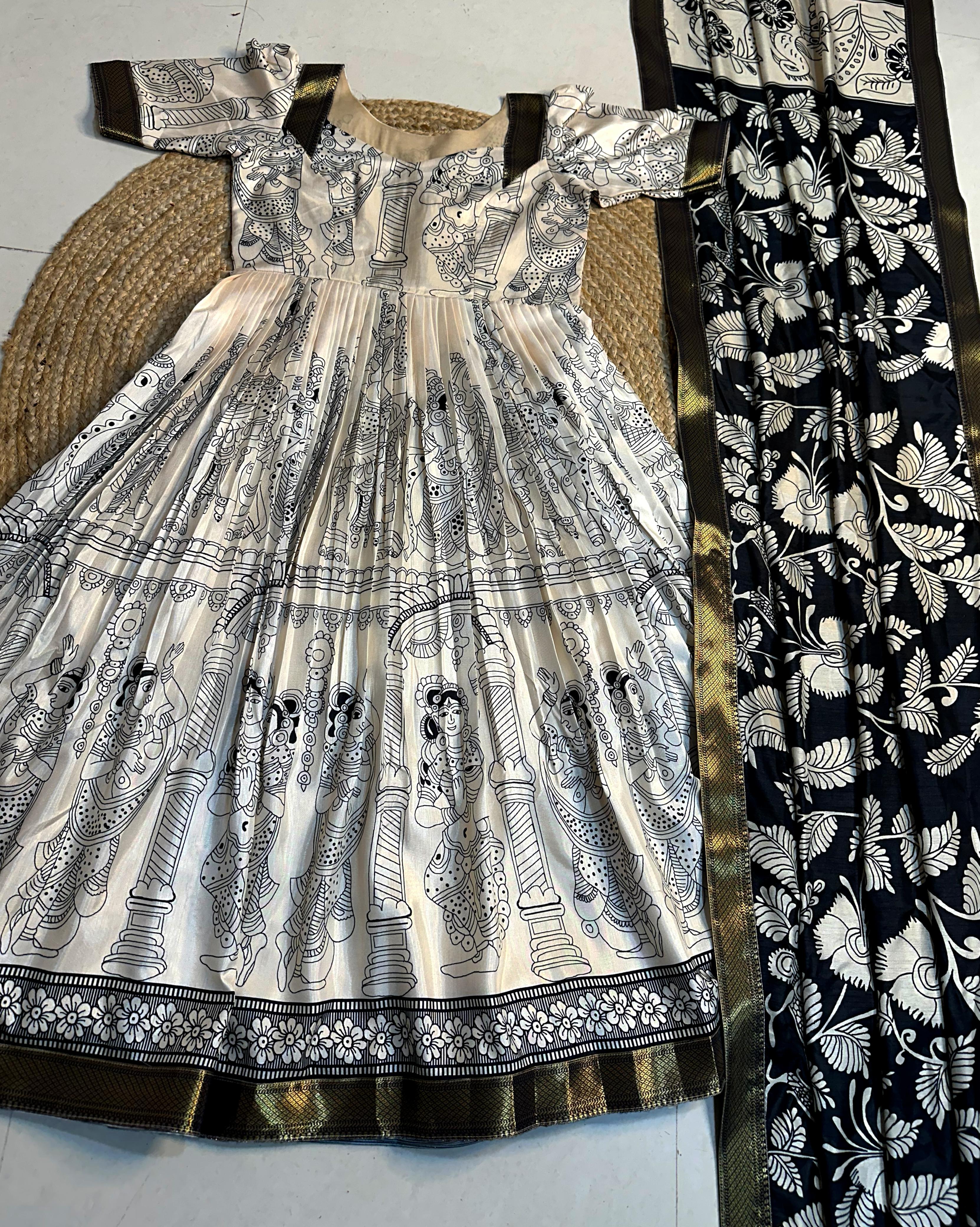 Dola Silk Kalamkari Print Puff Sleeve Gown with Dupatta Set