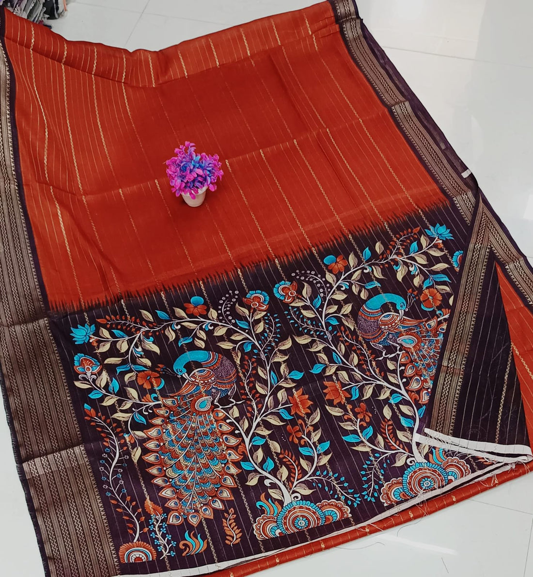 Rustic Orange Dola Silk Saree with Kalamkari Pallu and Bordered Blouse