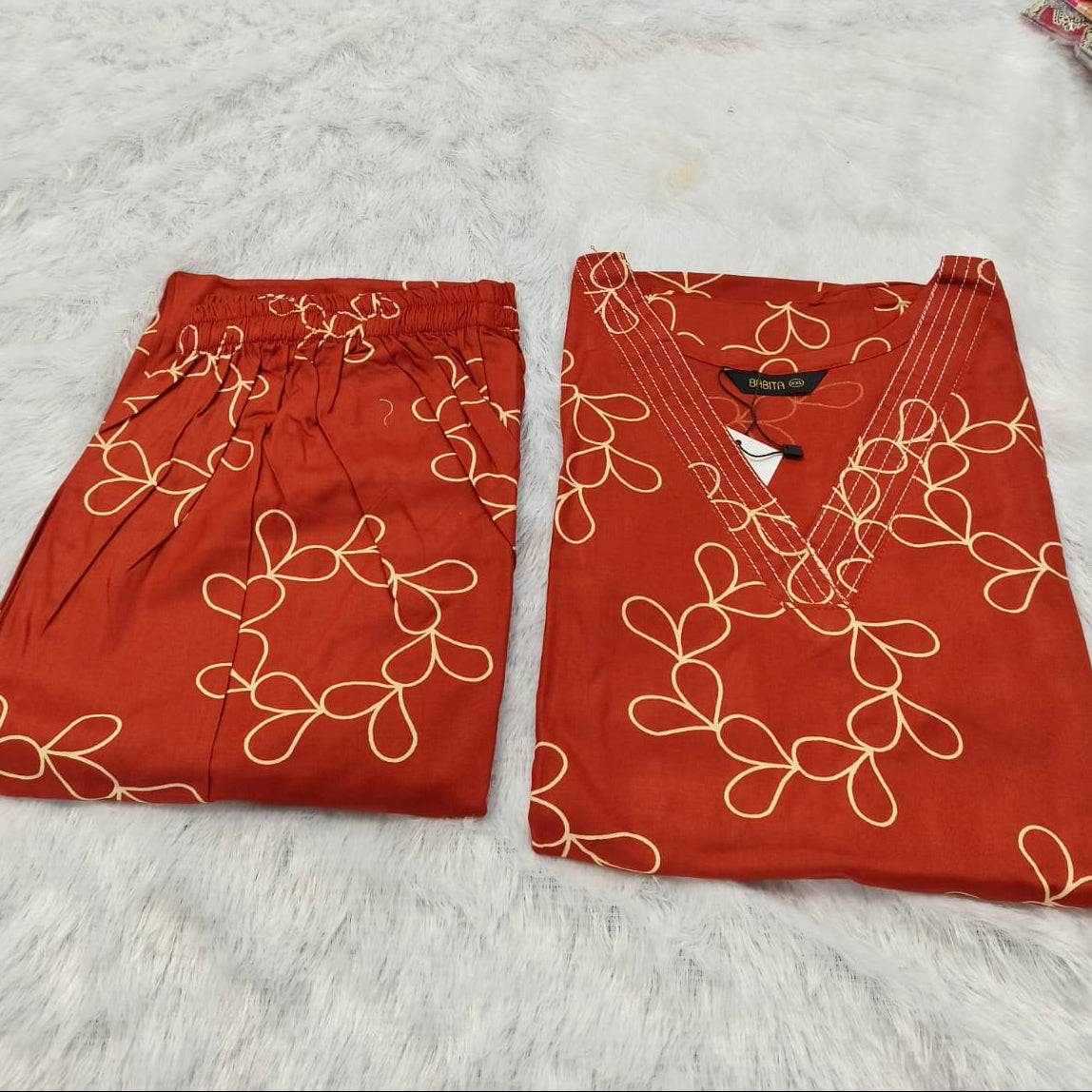 Rustic Orange Women's Premium Printed Co-Ord Set with Pocket | Stylish Top & Straight Pant Set