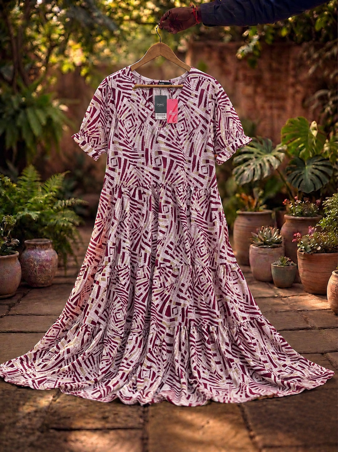 Dark Pink Rayon 3 Tier Long Maxi Gown with pocket | Puff Sleeve Long Dress
