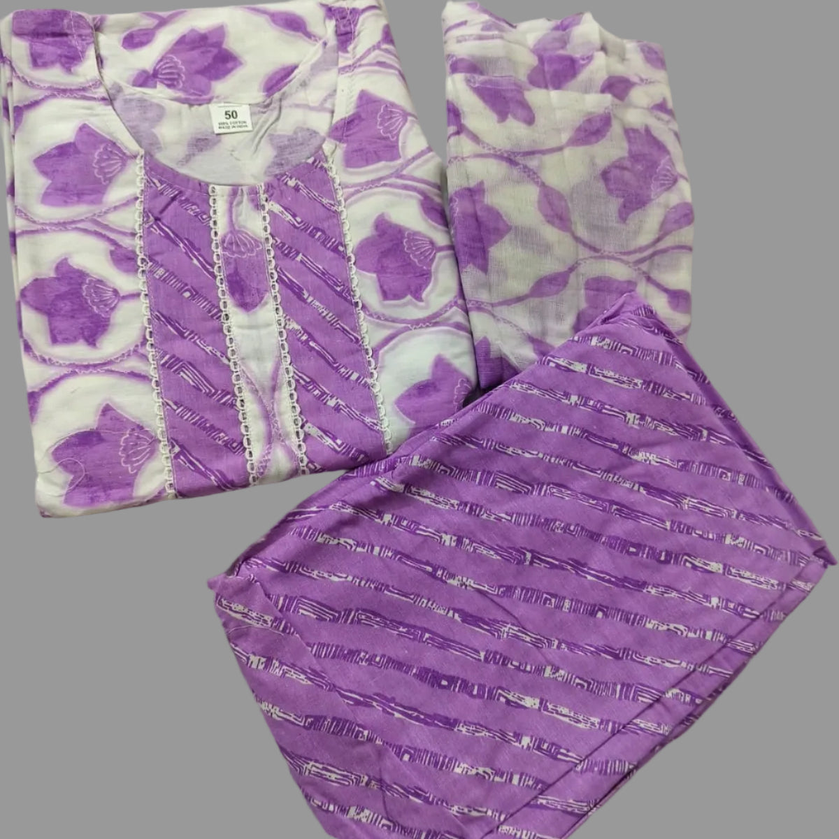 Lavender Cotton 3 Piece Kurti Set with Dupatta - Office wear (Plus size)