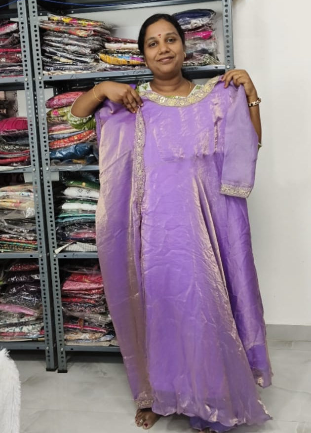 Premium Space Silk Lavender Long Gown with Elegant Lace Work Dupatta | Party Wear Ethnic Set