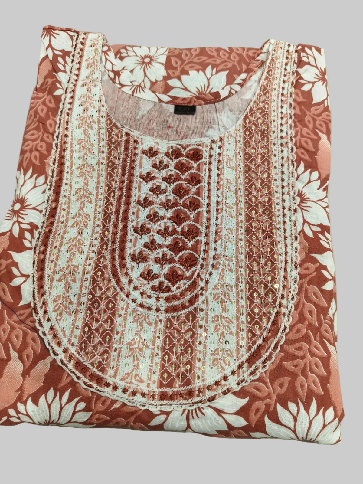 Brown shade Premium Cotton Floral Umbrella Kurti 3-Piece Set with Pant & Dupatta