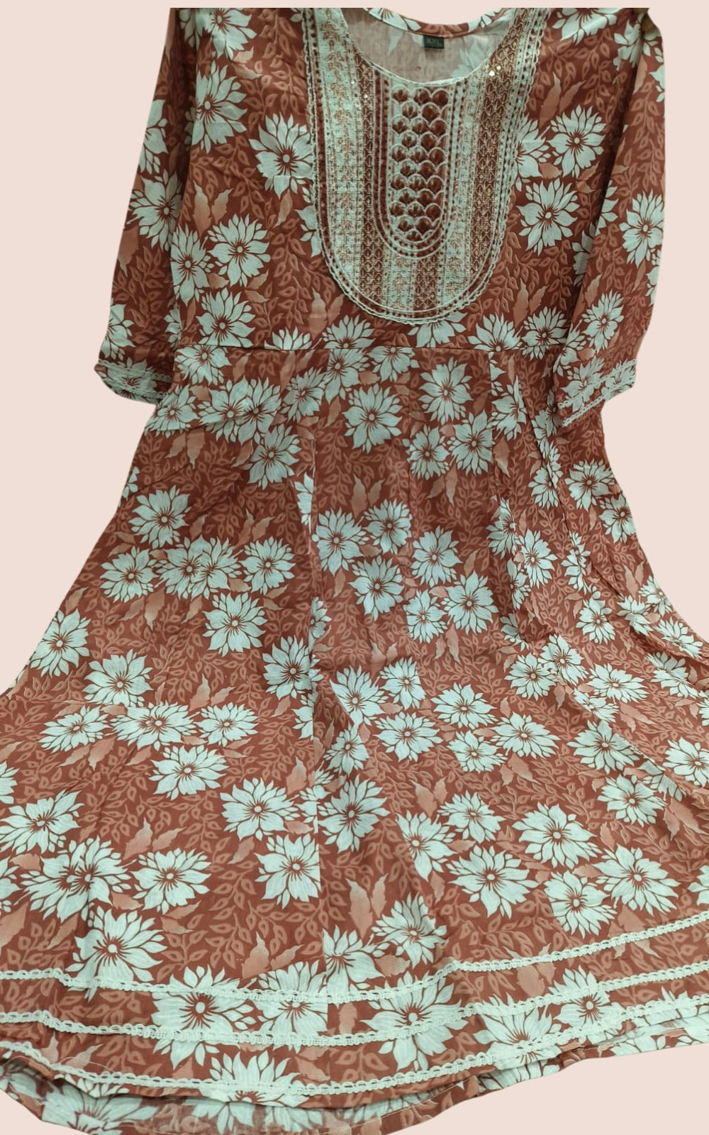 Brown shade Premium Cotton Floral Umbrella Kurti 3-Piece Set with Pant & Dupatta