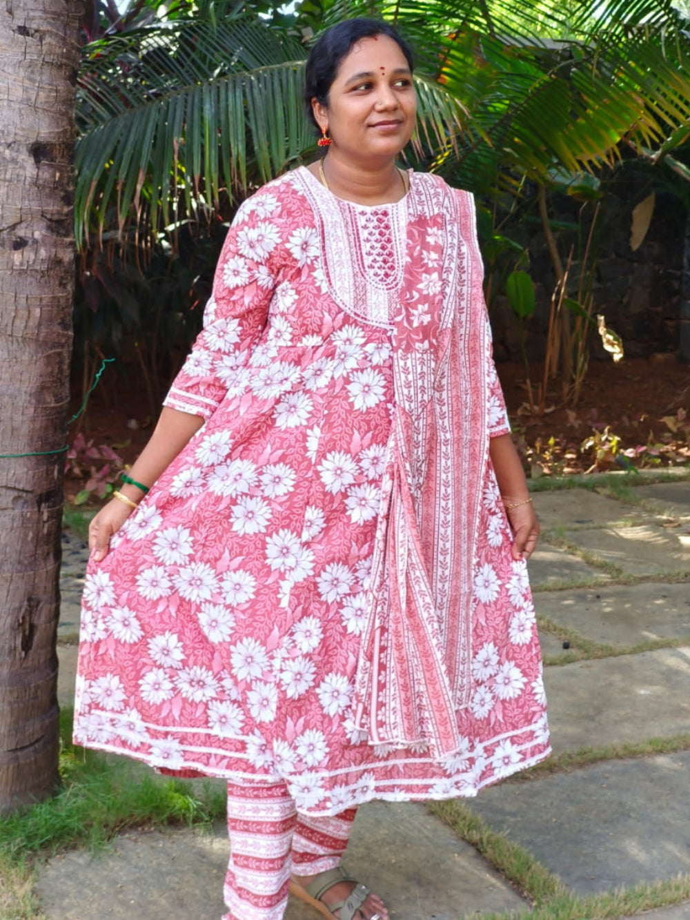 Brown shade Premium Cotton Floral Umbrella Kurti 3-Piece Set with Pant & Dupatta