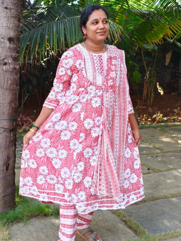 Brown shade Premium Cotton Floral Umbrella Kurti 3-Piece Set with Pant & Dupatta