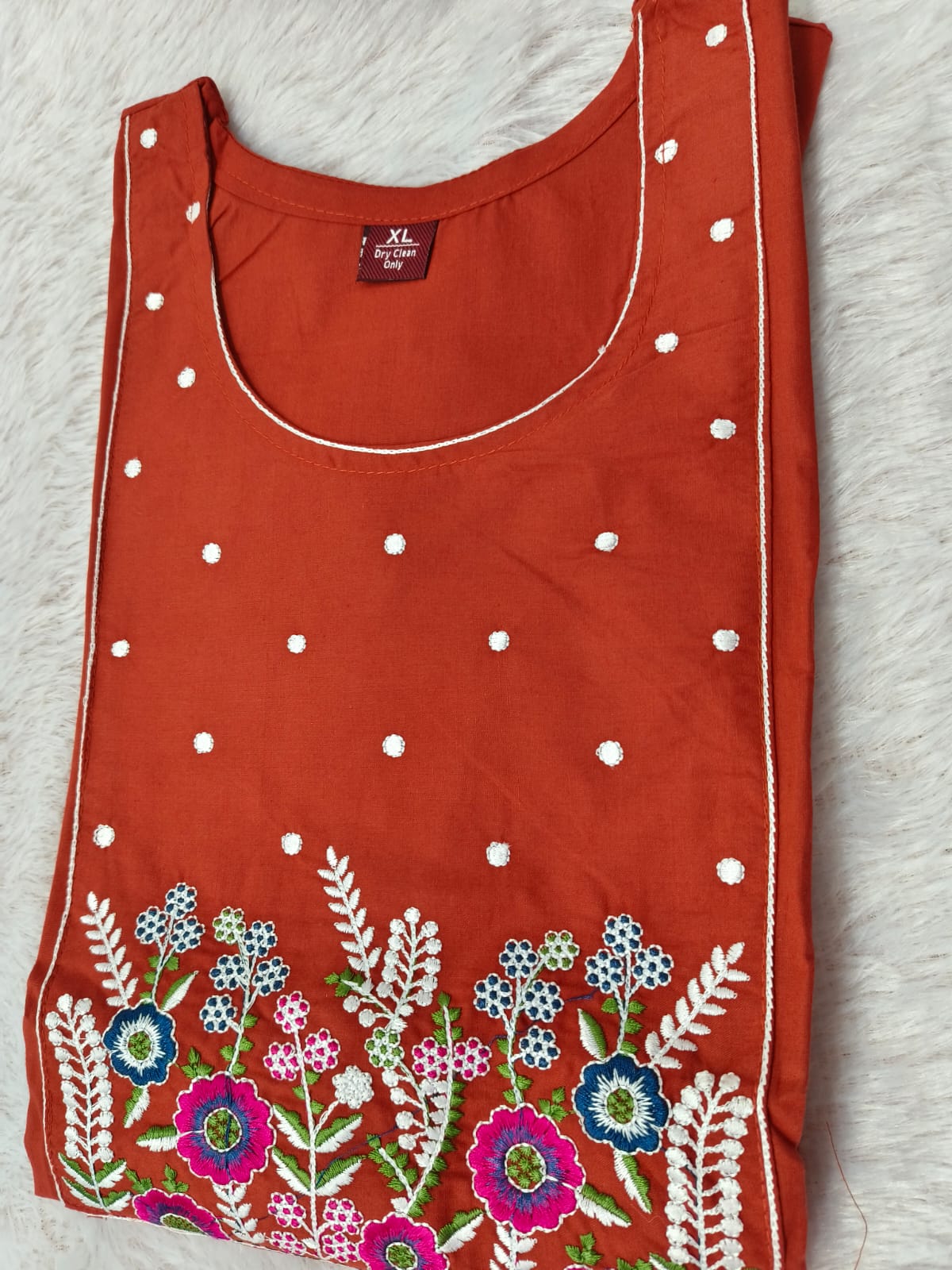Premium Dhabu Cotton Floral Embroidered Kurti with Palazzo Co-ord Set – Rust Orange🌸