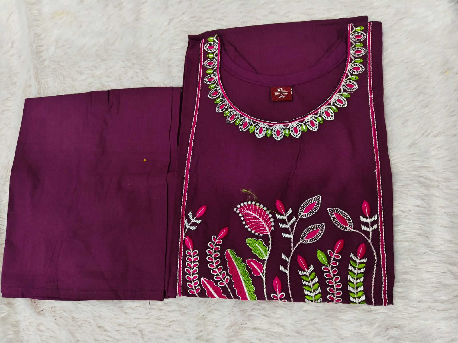 Wine Premium Dhabu Cotton Floral Embroidered Kurti with Palazzo Co-ord Set  🌸