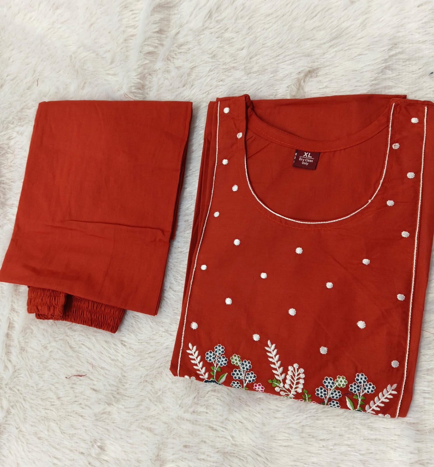 Premium Dhabu Cotton Floral Embroidered Kurti with Palazzo Co-ord Set – Rust Orange🌸