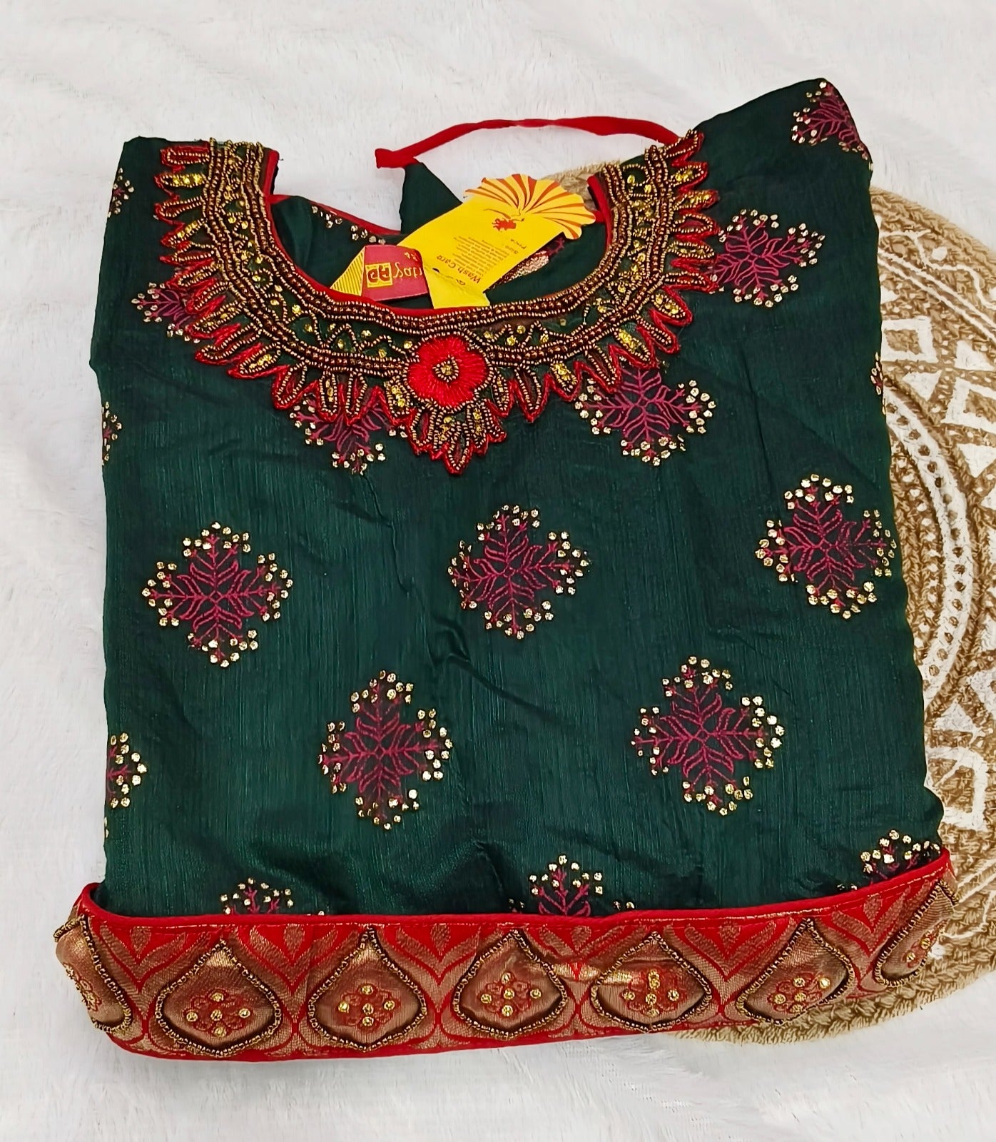 Green Premium Cotton Silk Long Umbrella Kurti with Kanchi Border &  Hip Belt (4xl , 5xl, 6xl )